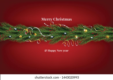 Background with Border of Realistic Looking Christmas Tree Branches Decorated with Berries