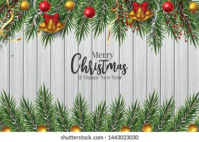 Background with Border of Realistic Looking Christmas Tree Branches Decorated with Berries
