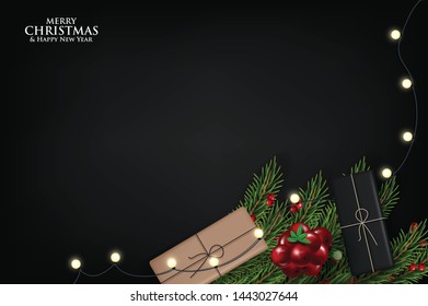 Background with Border of Realistic Looking Christmas Tree Branches Decorated with Berries