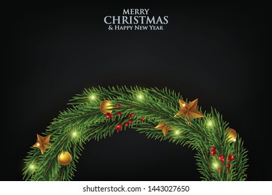 Background with Border of Realistic Looking Christmas Tree Branches Decorated with Berries
