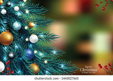 Background with Border of Realistic Looking Christmas Tree Branches Decorated with Berries