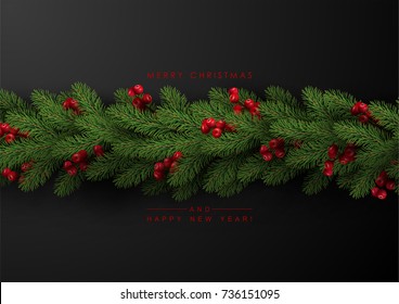 Background with Border of Realistic Looking Christmas Tree Branches and Season Wishes.