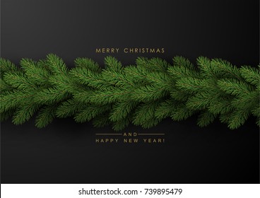 Background with Border of Realistic Looking Christmas Tree Branches and Season Wishes.