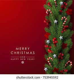 Background with Border of Realistic Looking Christmas Tree Branches Decorated with Berries, Stars and Candy Canes.