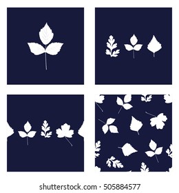 Background, border seamless pattern, botanical card, and composition with different leaves. Leaves of herbs, rose, trees and flowers. Herbarium. Nature concept. Vector set for ceramic and decorations.