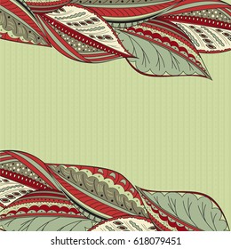 Background with borders from hand-drawn leaves in eco-style