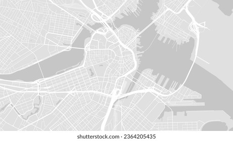 Background Boston map, United States, white and light grey city poster. Vector map with roads and water. Widescreen proportion, digital flat design roadmap. svg