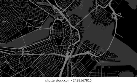 Background Boston map, United States, black city poster. Vector map with roads and water. Widescreen proportion, digital flat design roadmap. svg