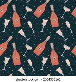 Antecedentes con una botella de champán. Bonito patrón con vino espumoso. Soporte textil con botella y gafas. Ilustración del vector