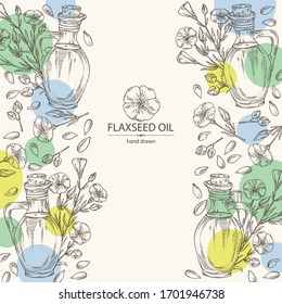 Background with bottle of flax oil and flax flowers and seeds. Vector hand drawn illustration