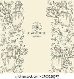 Background with bottle of flax oil and flax flowers and seeds. Vector hand drawn illustration