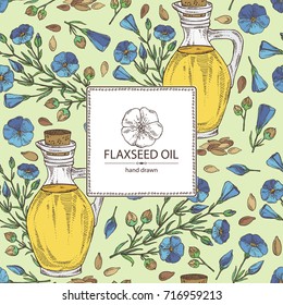 Background with bottle of flax oil and flax flowers and seeds. Vector hand drawn illustration