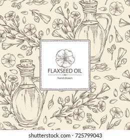 Background with bottle of flax oil and flax flowers and seeds. Vector hand drawn illustration