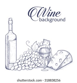 Background with bottle, glasse, cheese, grape and wine