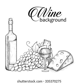 Background with bottle, glasse, cheese, grape and wine