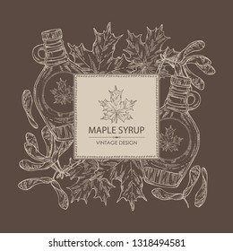 Background with a bottle of maple syrup and maple leaves. Vector hand drawn illustration.