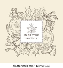 Background with a bottle of maple syrup and maple leaves. Vector hand drawn illustration.