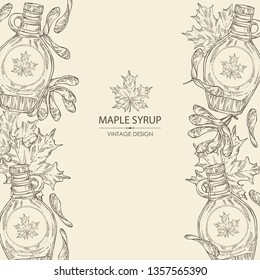 Background with a bottle of maple syrup and maple leaves. Vector hand drawn illustration.