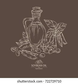 Background with bottle with soybean oil, soy plant and soya beans. Vector hand drawn illustration.