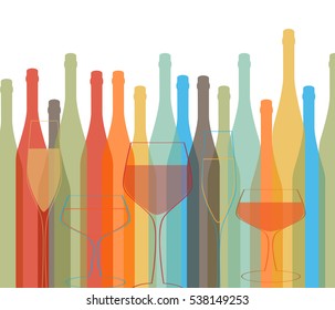 Background Bottle Vector.Alcoholic Bar Menu.Design for Party.Card with Glasses.Alcoholic Bottles Background.Wine List Design.Cocktail Party Vector.Template for Menu Card.Wine Art Ilustration.