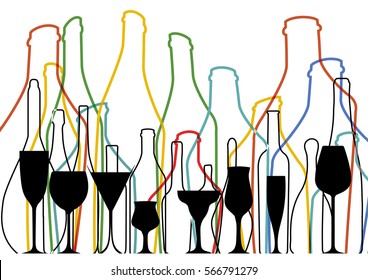 Background Bottle Vector.Alcoholic Bar Menu.Design for Party.Card with Glasses.Alcoholic Bottles Background.Wine List Design.Cocktail Party Vector.Template for Menu Card.Wine Art Ilustration.