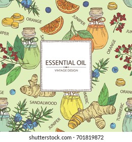 Background with bottles of essential oils: juniper oil, turmeric, orange and essential oil of sandalwood. Cosmetic, perfumery and medical essential oils.Vector hand drawn illustration