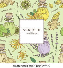 Background with bottles with essential oils: essential oil of lavender, ginger, bergamot and ylang ylang. Cosmetic, perfumery and medical essential oils.Vector set hand drawn illustration