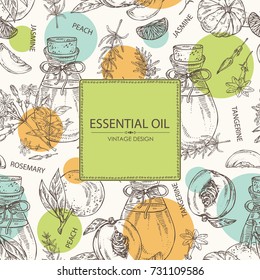 Background with bottles with essential oils: essential oil of jasmine, peach, tangerine and rosemary. Cosmetic, perfumery and medical essential oils.Vector set hand drawn illustration.