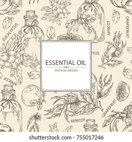 Background with a bottles with essential oils: essential oil of shea nuts, grapefruit, apricot and eucalyptus. Cosmetic, perfumery and medical essential oils.Vector set hand drawn illustration.