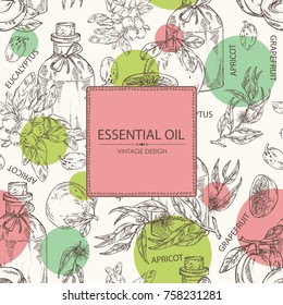 Background with a bottles with essential oils: essential oil of shea nuts, grapefruit, apricot and eucalyptus. Cosmetic, perfumery and medical essential oils.Vector set hand drawn illustration.