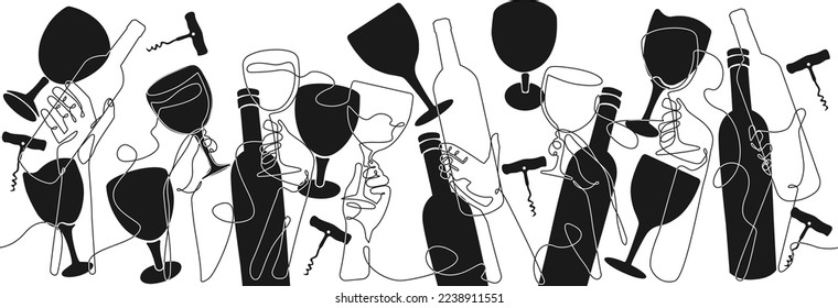 Fondo con botellas y gafas. Patrón horizontal que se repite sin fisuras con las bebidas. Afiche del partido. Ilustración vectorial.