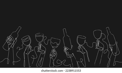 Background with bottles and glasses. Horizontal repeating seamless pattern with drinks. Party poster. Vector illustration.