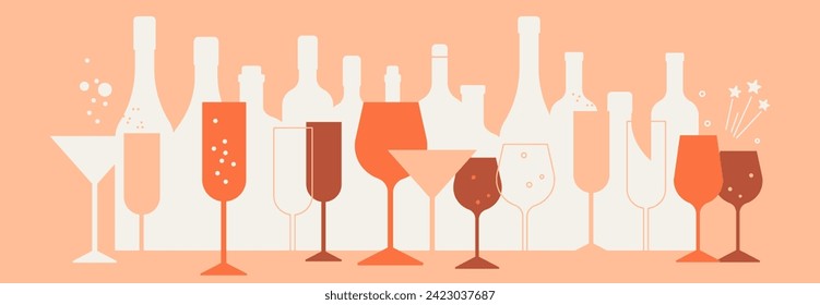 Fondo con botellas, vasos de vino. Cóctel, bebida alcohólica. Resumen de ilustraciones vectoriales para el diseño de bar, café y menú de restaurante. Concepto de degustación de vinos. Elementos vectoriales modernos color pastel