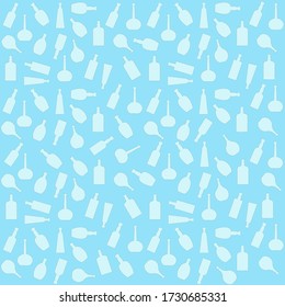 Background of bottles of various shapes in blu tones.