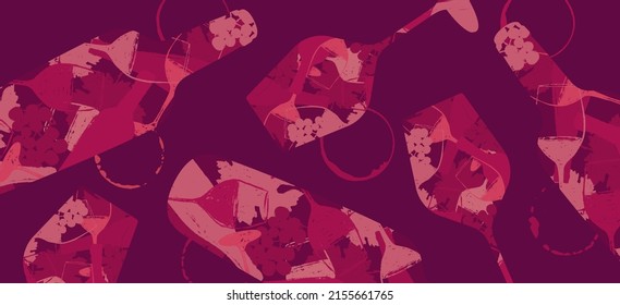 Background bottles and wine glasses decorated with elements of wine. silhouettes of vine leaves, glasses, bottles and stains. Red and pink colors. vector illustration