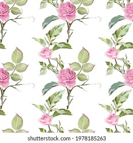 Background with bouquets of pink curly roses and decorative greenery. Vector seamless pattern for creating fabrics or holiday cards 