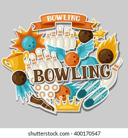 Background with bowling items. Image for advertising booklets, banners and flayers.