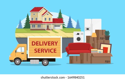 Background with boxes, a truck and a house. Delivery service. Concept for transport company for relocation. Vector illustration in flat style.