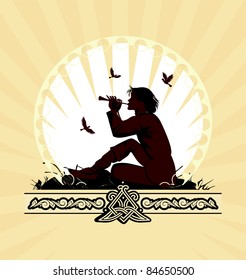 background with boy playing on panpipe