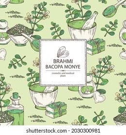 Background with brahmi: brahmi flower, plant and leaves. Bacopa Monier. Indian pennywort. Oil, soap and bath salt . Cosmetics and medical plant. Vector hand drawn illustration