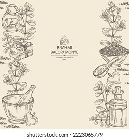 Background with brahmi: brahmi flower, plant and leaves. Bacopa Monier. Indian pennywort. Oil, soap and bath salt . Cosmetics and medical plant. Vector hand drawn illustration