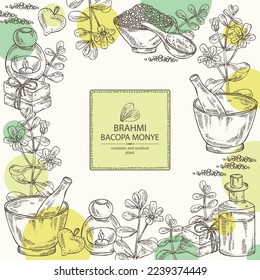 Background with brahmi: brahmi flower, plant and leaves. Bacopa Monier. Indian pennywort. Oil, soap and bath salt . Cosmetics and medical plant. Vector hand drawn illustration