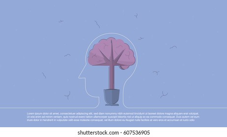Background with brain inscribed in line head. Concept business vector for investing into ideas, creative innovative work, growing business. Flat illustration with thin broken line.