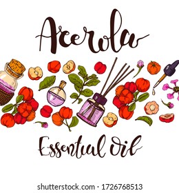 Background with branch acerola cherry, fruit, flower and glass bottle with oil and accessories . Detailed hand-drawn sketches and lettering, vector botanical illustration.  For menu, label, packaging 