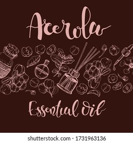 Background with branch acerola cherry, fruit, flower and glass bottle with oil and accessories . Detailed hand-drawn sketches and lettering, vector botanical illustration.