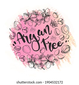 Background with branch argan tree with fruits, nuts argans, leaves, flower argans. Detailed hand-drawn sketches and lettering, vector botanical illustration. 