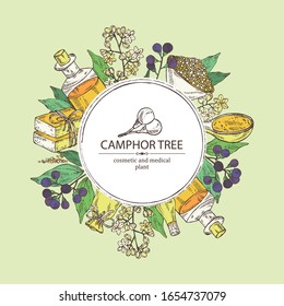 Fondo con ramas de árbol de pantano, hojas, bayas, flores de linfo. Aceite esencial, jabón y sal de baño . Planta cosmética, perfumería y médica. Ilustración dibujada a mano por vectores. 
