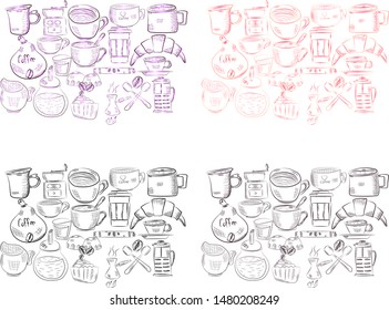background with branch of coffee and coffee beans and cups and hearts and hand lettering "coffee". Hand drawn coffee background vector illustration in sketch style.