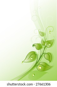 Background with a branch, drops of dew and leaves
