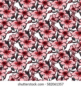 Background branch with pink cherry flowers. Seamless pattern. 
Pattern for fabric. watercolor illustration.